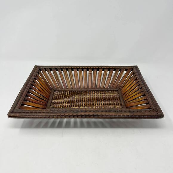 Vintage Rattan Woven Basket Trim Slanted Wood Tray - Picture 1 of 6